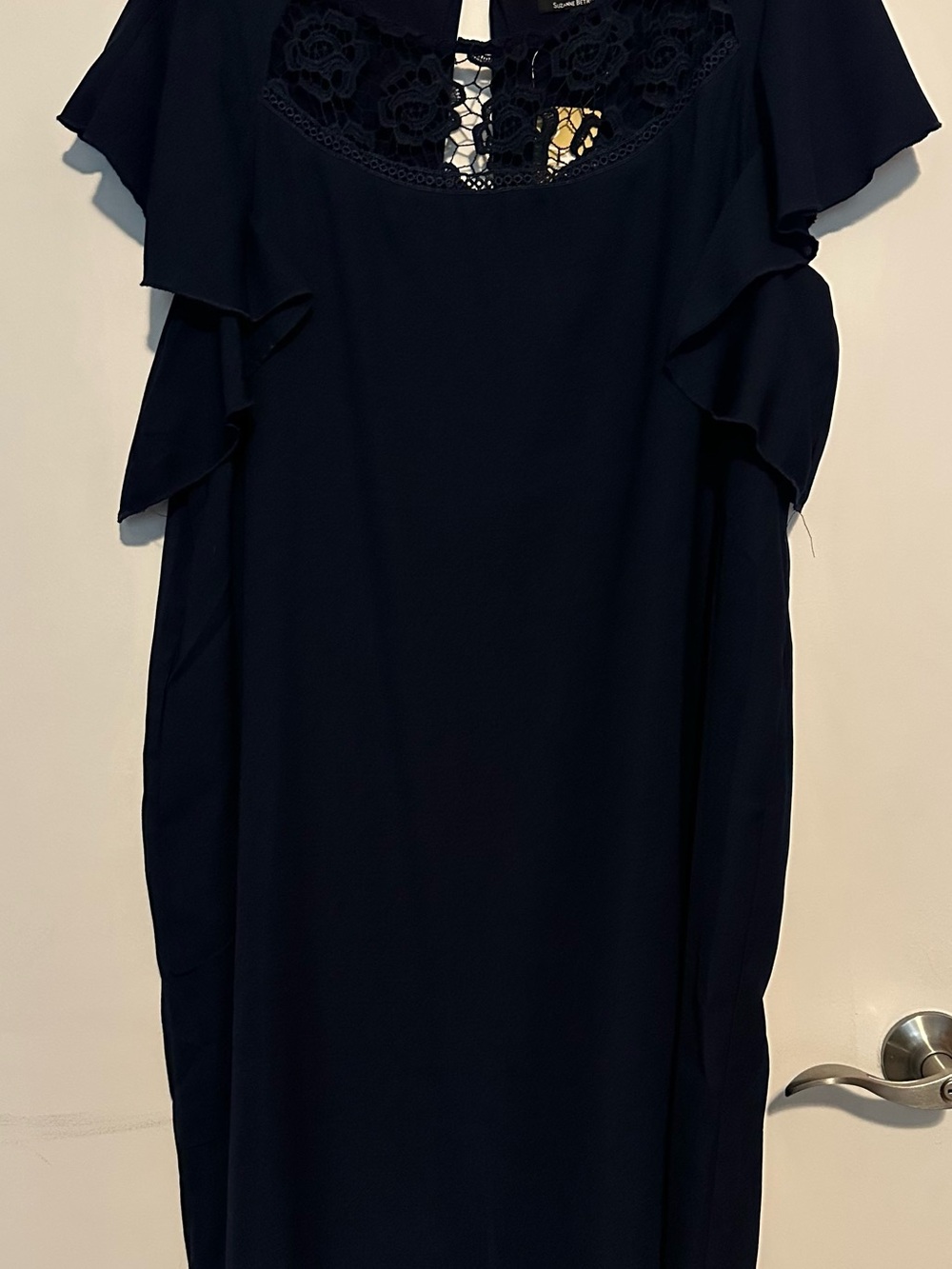 Navy Lace Yoke Ruffle Sleeve Dress
